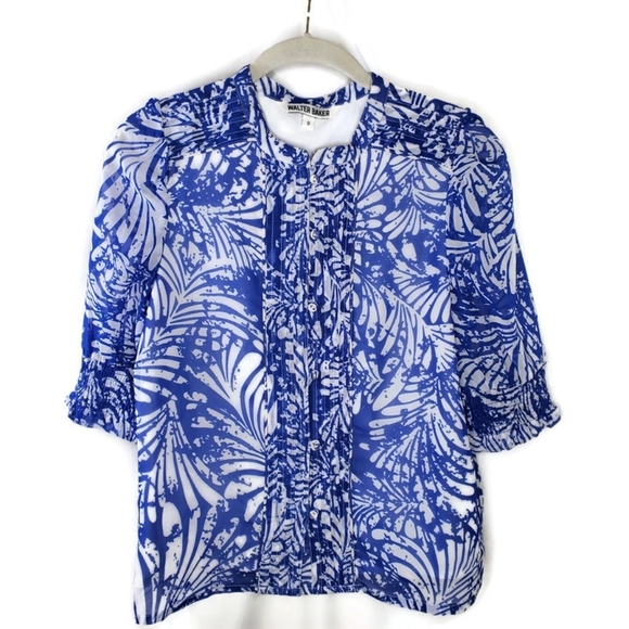 Walter Baker Madison Print Blue and White Boxy Blouse Size Small - Picture 2 of 8